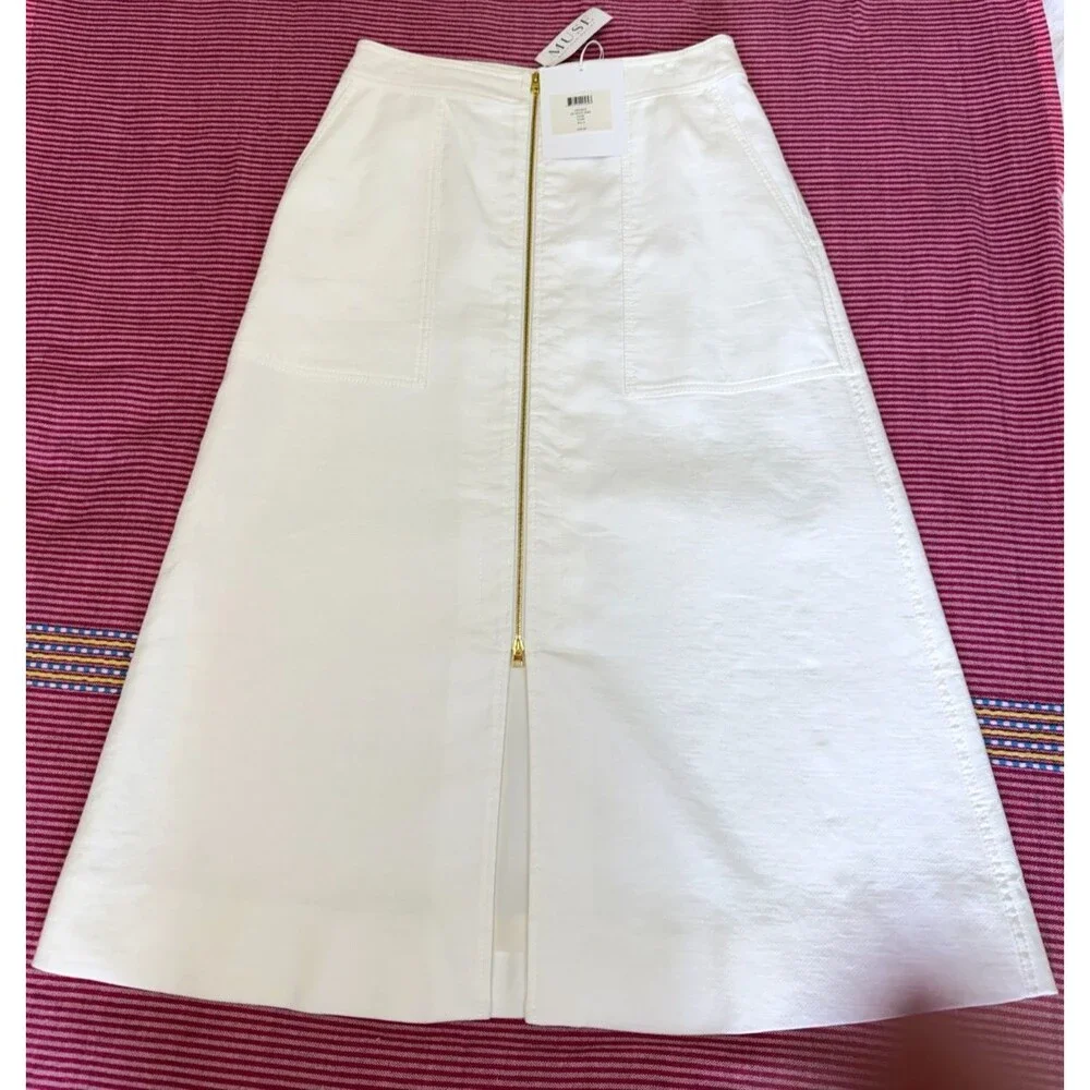 NWT Diane von Furstenberg Ivory Zip Front A-Line Midi Skirt Linen Cotton Sz 6
